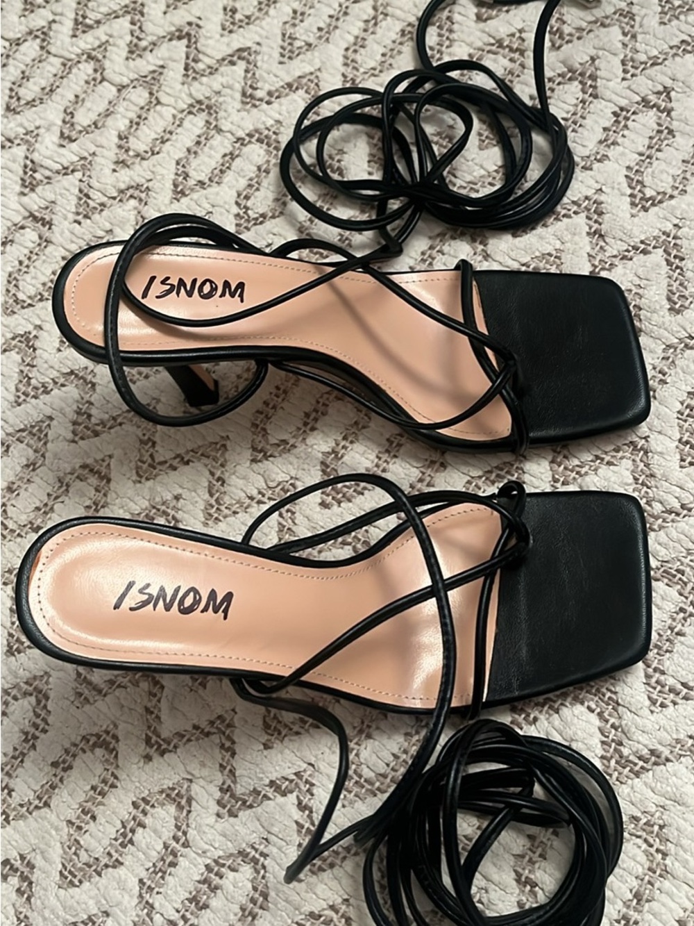 Black Strappy Square-Toe Lace-Up Heels